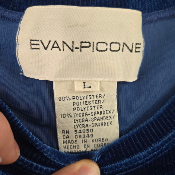 1990s Vintage Evan Picone Blue Ribbed Velvet Long Sleeve Y2K Glam Top Size Large - Picture 3 of 5